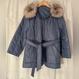 Vintage 1970s Blue Quilted Belted Winter Coat Faux Fur Collar Jacket